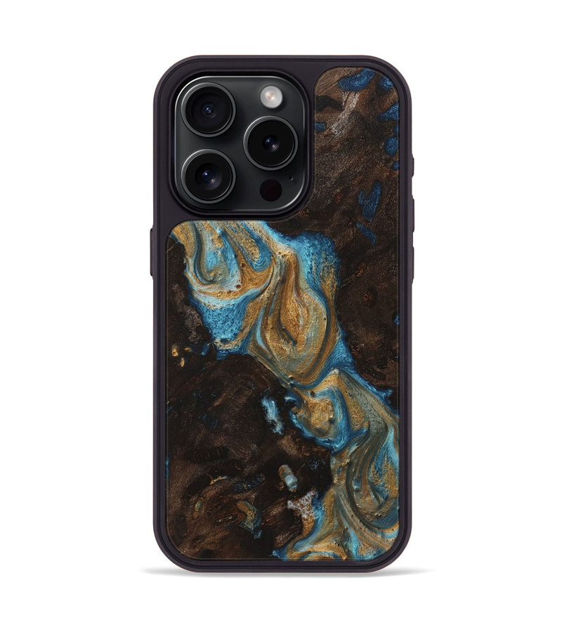 iPhone 15 Pro Wood+Resin Phone Case - Elmer (Teal & Gold, 720039)