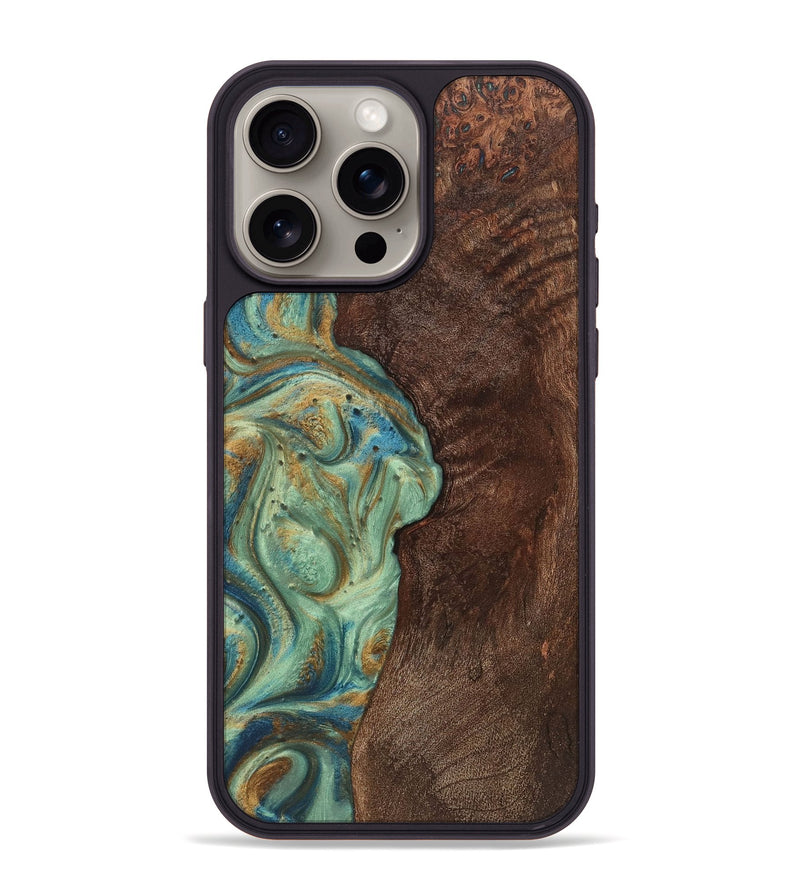 iPhone 15 Pro Max Wood+Resin Phone Case - Giselle (Teal & Gold, 720057)