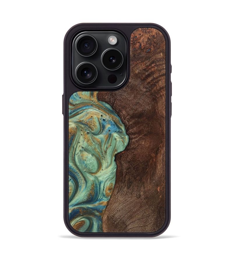 iPhone 15 Pro Wood+Resin Phone Case - Giselle (Teal & Gold, 720057)