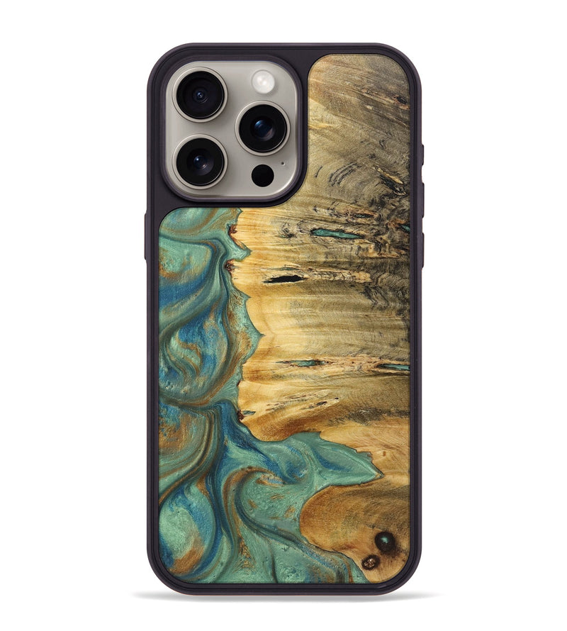 iPhone 15 Pro Max Wood+Resin Phone Case - Gerald (Teal & Gold, 720058)