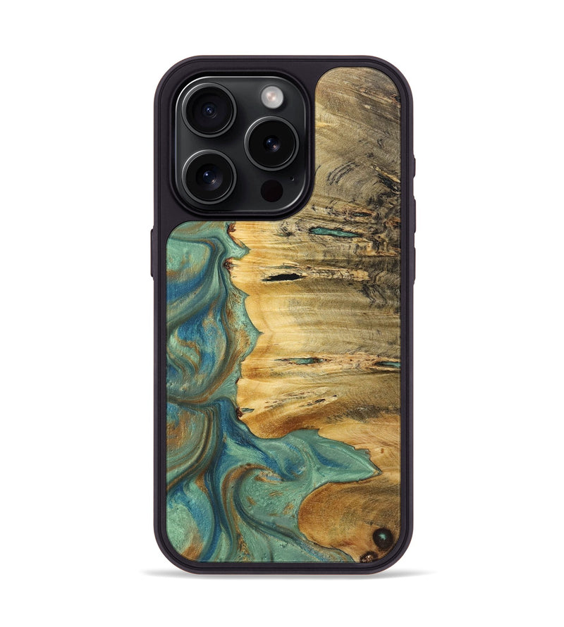 iPhone 15 Pro Wood+Resin Phone Case - Gerald (Teal & Gold, 720058)