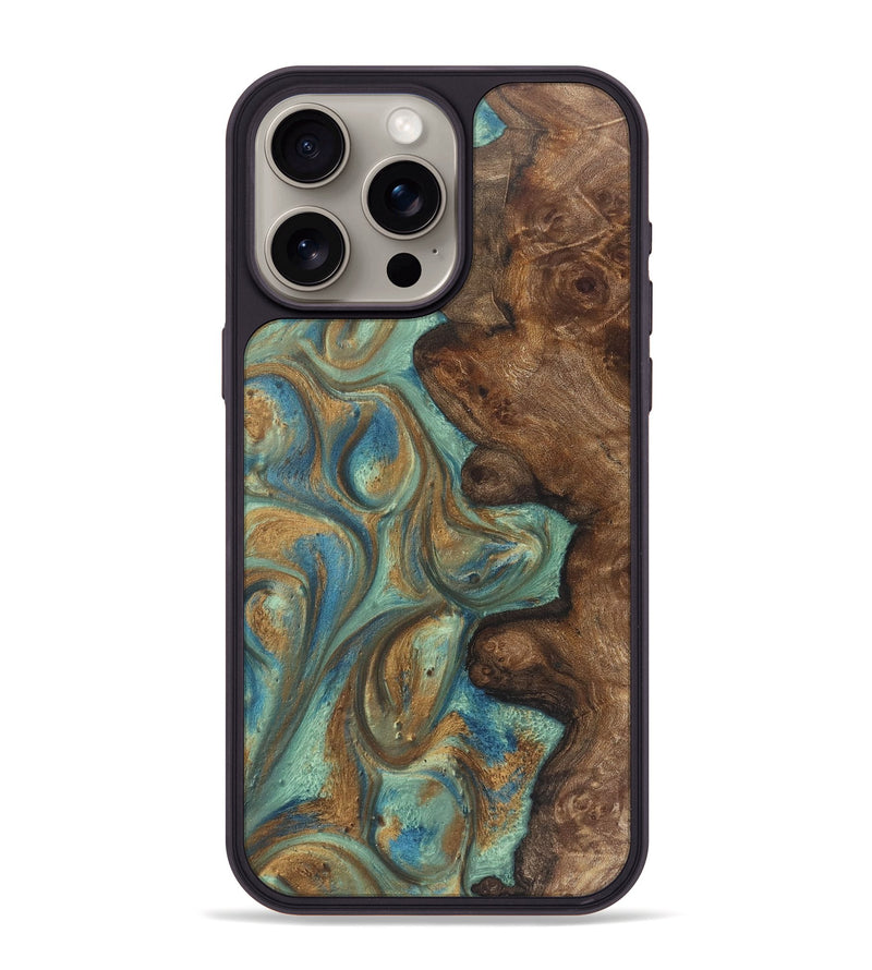 iPhone 15 Pro Max Wood+Resin Phone Case - Candice (Teal & Gold, 720060)