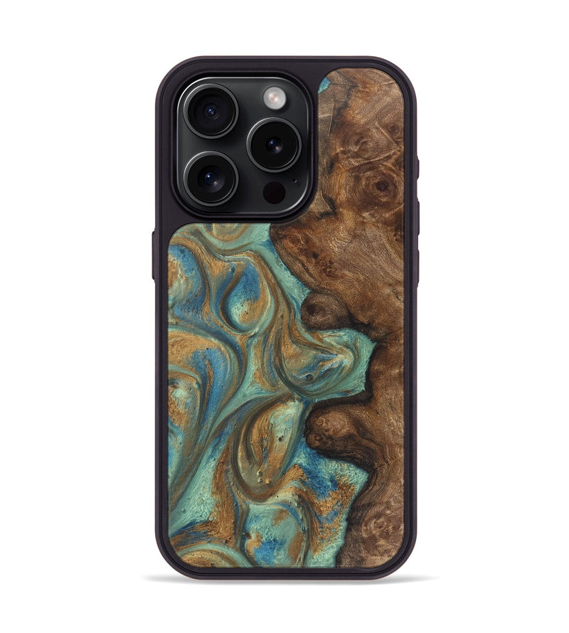 iPhone 15 Pro Wood+Resin Phone Case - Candice (Teal & Gold, 720060)