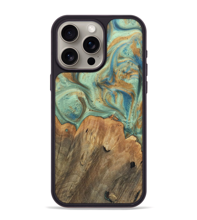 iPhone 15 Pro Max Wood+Resin Phone Case - Moises (Teal & Gold, 720061)