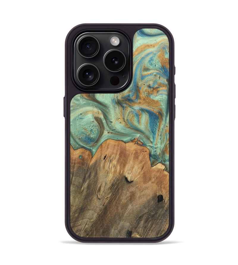 iPhone 15 Pro Wood+Resin Phone Case - Moises (Teal & Gold, 720061)