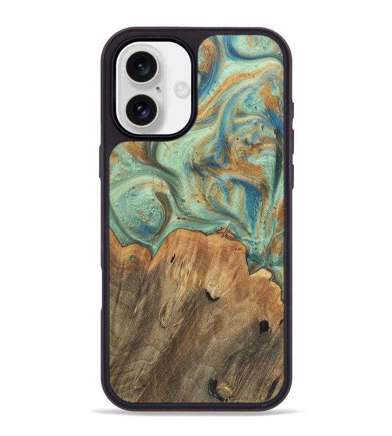 iPhone 16 Plus Wood+Resin Phone Case - Moises (Teal & Gold, 720061)