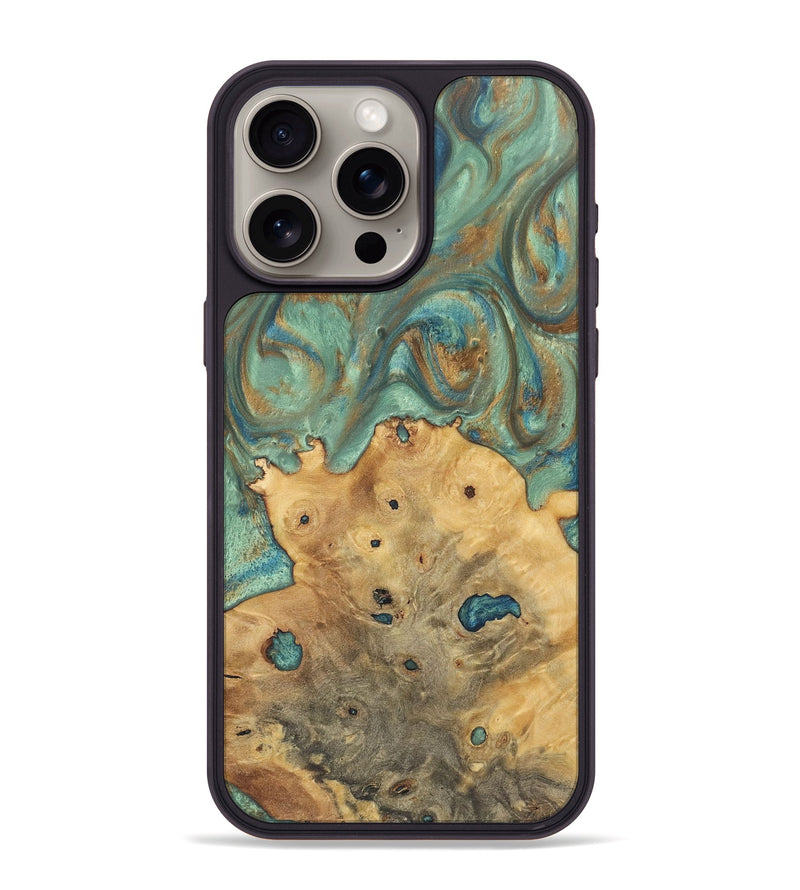 iPhone 15 Pro Max Wood+Resin Phone Case - Katina (Teal & Gold, 720062)