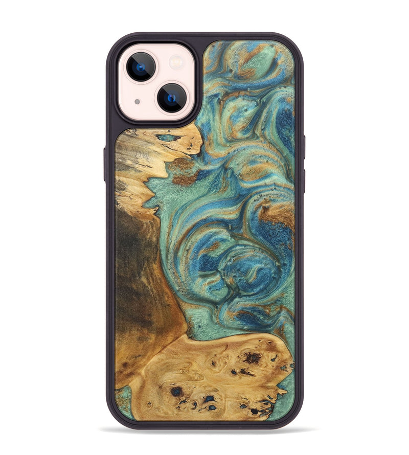 iPhone 14 Plus Wood+Resin Phone Case - Bobbie (Teal & Gold, 720064)