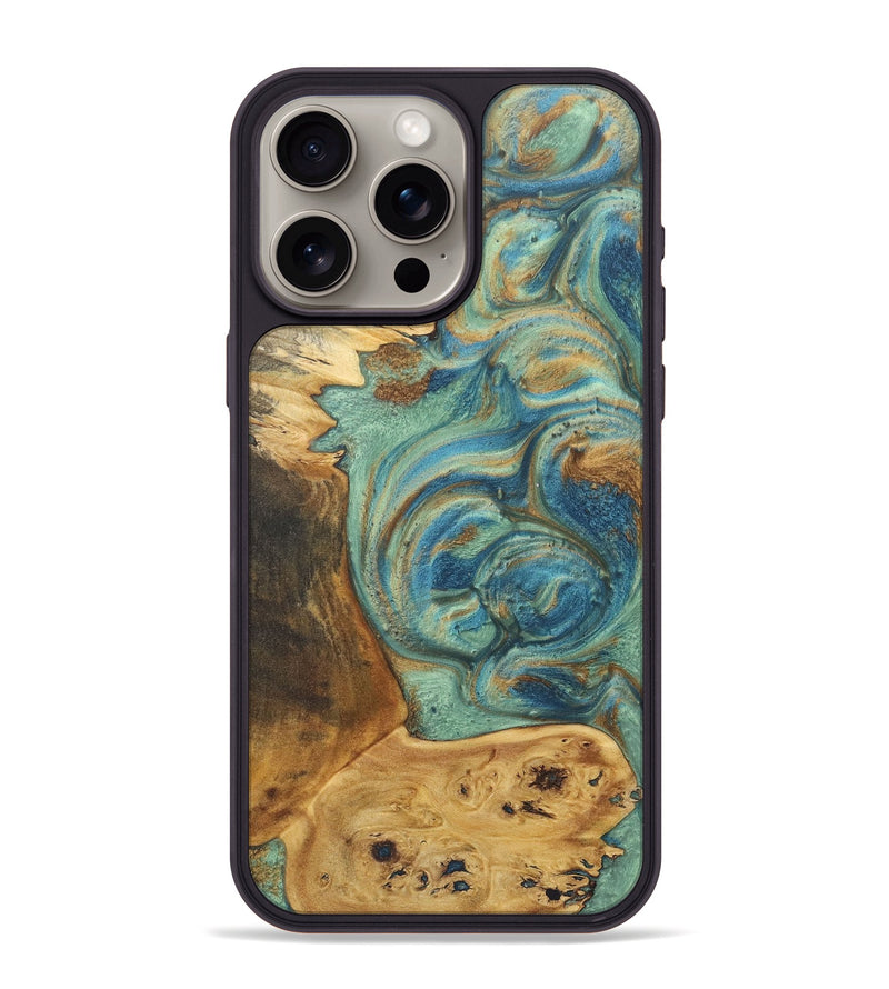 iPhone 15 Pro Max Wood+Resin Phone Case - Bobbie (Teal & Gold, 720064)