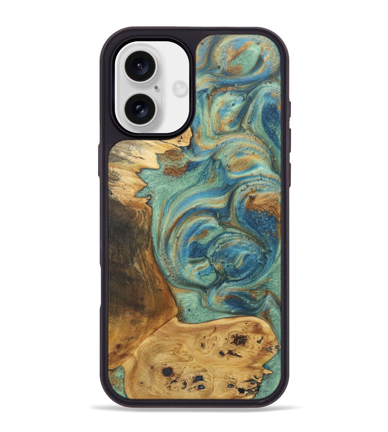 iPhone 16 Plus Wood+Resin Phone Case - Bobbie (Teal & Gold, 720064)