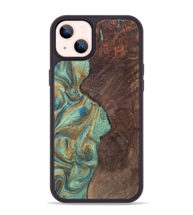 iPhone 14 Plus Wood+Resin Phone Case - Olivia (Teal & Gold, 720067)