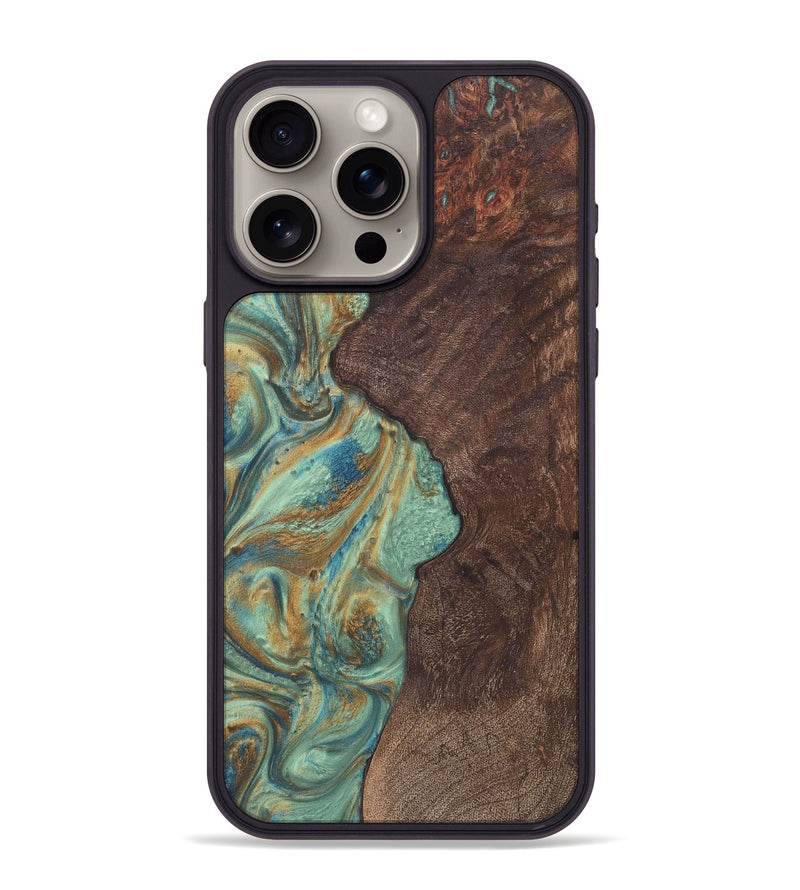 iPhone 15 Pro Max Wood+Resin Phone Case - Olivia (Teal & Gold, 720067)