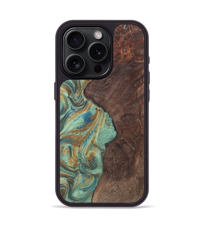 iPhone 15 Pro Wood+Resin Phone Case - Olivia (Teal & Gold, 720067)