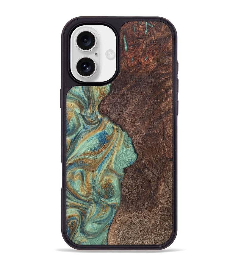 iPhone 16 Plus Wood+Resin Phone Case - Olivia (Teal & Gold, 720067)