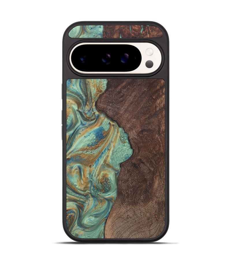 Pixel 9 Wood+Resin Phone Case - Olivia (Teal & Gold, 720067)