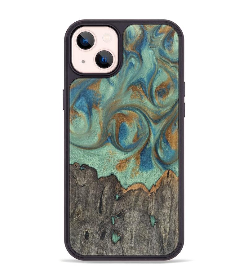 iPhone 14 Plus Wood+Resin Phone Case - Harmony (Teal & Gold, 720068)