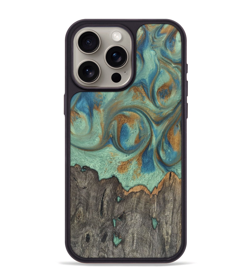 iPhone 15 Pro Max Wood+Resin Phone Case - Harmony (Teal & Gold, 720068)