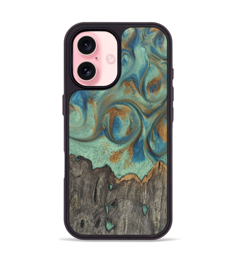 iPhone 16 Wood+Resin Phone Case - Harmony (Teal & Gold, 720068)