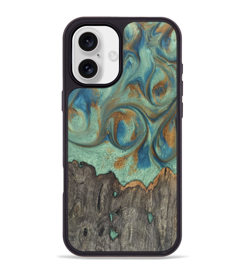 iPhone 16 Plus Wood+Resin Phone Case - Harmony (Teal & Gold, 720068)