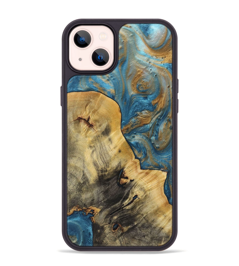 iPhone 14 Plus Wood+Resin Phone Case - Rosalie (Teal & Gold, 720072)