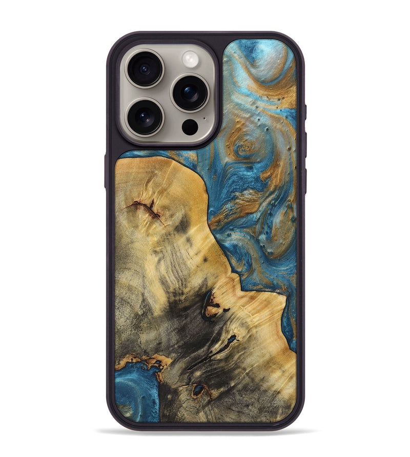 iPhone 15 Pro Max Wood+Resin Phone Case - Rosalie (Teal & Gold, 720072)