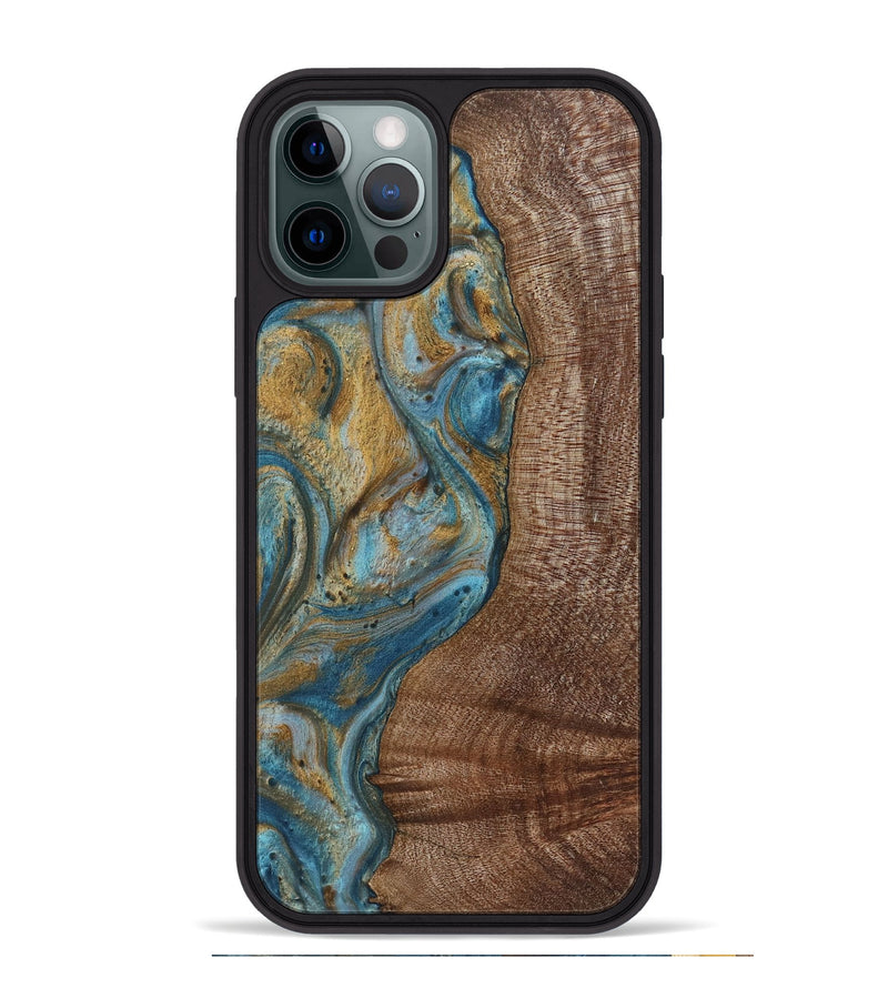 iPhone 12 Pro Max Wood+Resin Phone Case - Caiden (Teal & Gold, 720074)