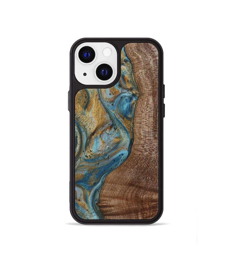 iPhone 13 mini Wood+Resin Phone Case - Caiden (Teal & Gold, 720074)