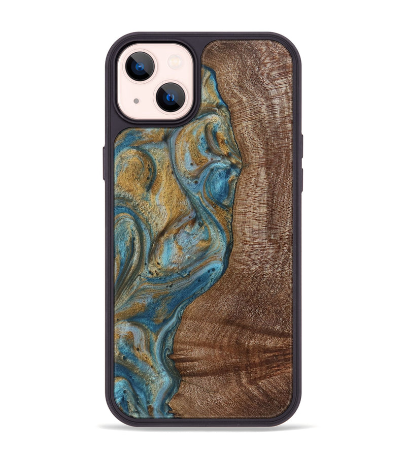 iPhone 14 Plus Wood+Resin Phone Case - Caiden (Teal & Gold, 720074)