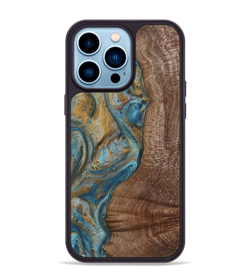 iPhone 14 Pro Max Wood+Resin Phone Case - Caiden (Teal & Gold, 720074)