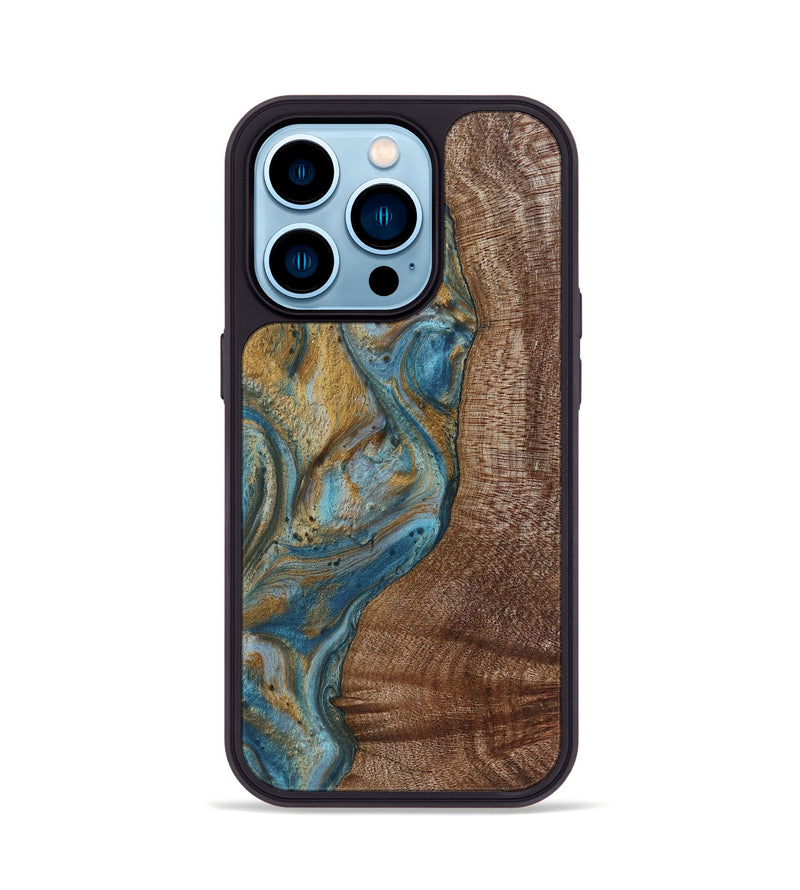 iPhone 14 Pro Wood+Resin Phone Case - Caiden (Teal & Gold, 720074)