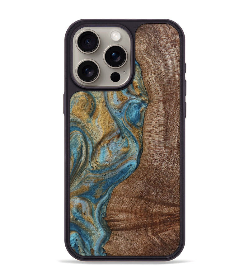 iPhone 15 Pro Max Wood+Resin Phone Case - Caiden (Teal & Gold, 720074)