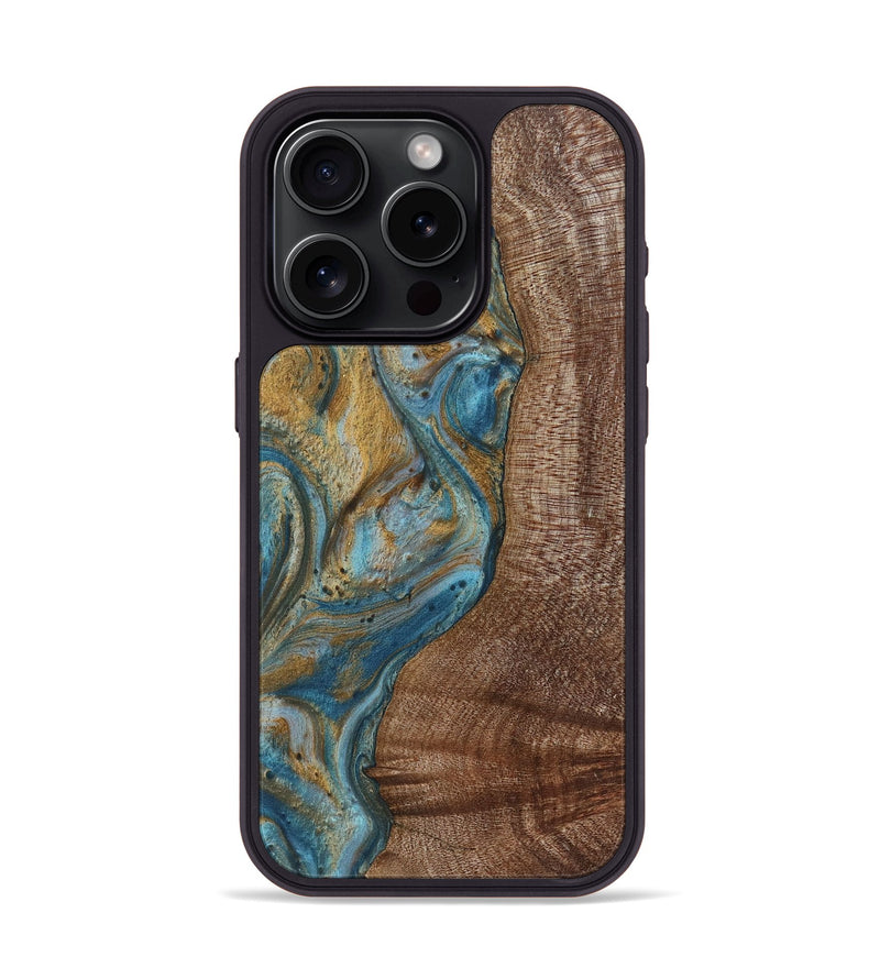 iPhone 15 Pro Wood+Resin Phone Case - Caiden (Teal & Gold, 720074)