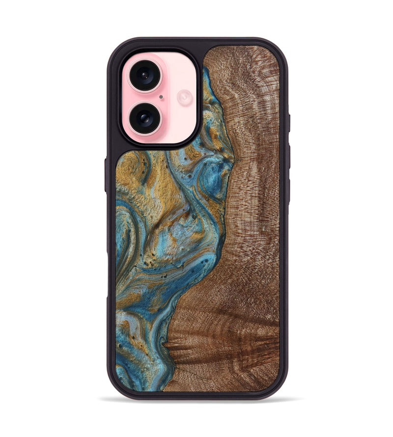 iPhone 16 Wood+Resin Phone Case - Caiden (Teal & Gold, 720074)