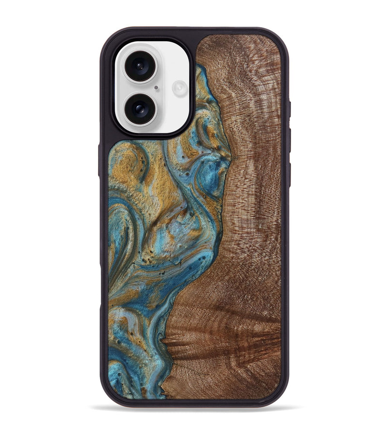 iPhone 16 Plus Wood+Resin Phone Case - Caiden (Teal & Gold, 720074)