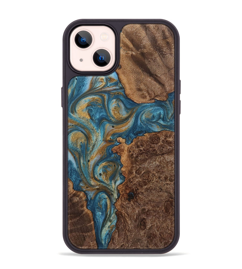 iPhone 14 Plus Wood+Resin Phone Case - Phyllis (Teal & Gold, 720075)