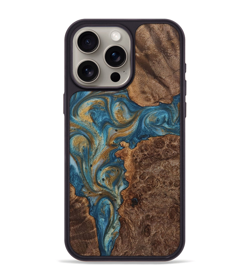 iPhone 15 Pro Max Wood+Resin Phone Case - Phyllis (Teal & Gold, 720075)