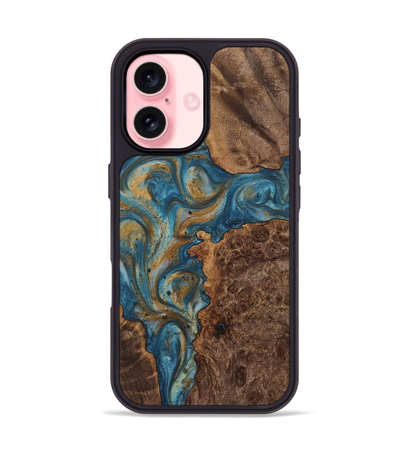 iPhone 16 Wood+Resin Phone Case - Phyllis (Teal & Gold, 720075)