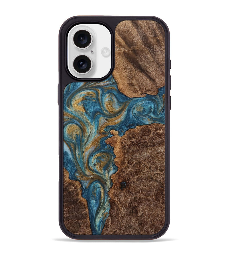 iPhone 16 Plus Wood+Resin Phone Case - Phyllis (Teal & Gold, 720075)