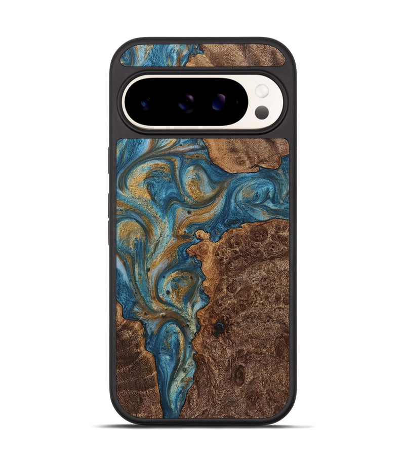 Pixel 9 Pro Wood+Resin Phone Case - Phyllis (Teal & Gold, 720075)