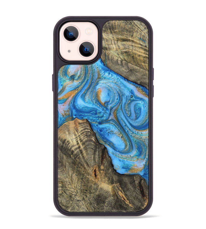 iPhone 14 Plus Wood+Resin Phone Case - Robbie (Teal & Gold, 720076)