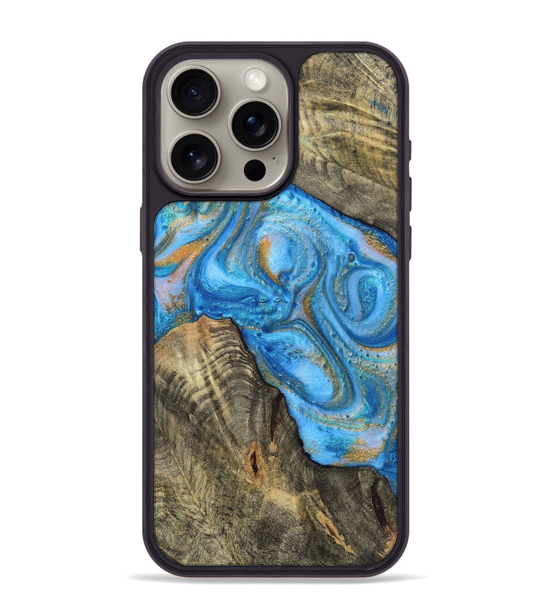 iPhone 15 Pro Max Wood+Resin Phone Case - Robbie (Teal & Gold, 720076)