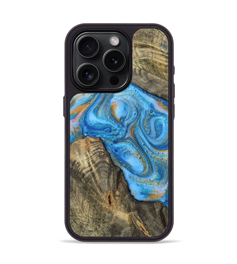 iPhone 15 Pro Wood+Resin Phone Case - Robbie (Teal & Gold, 720076)