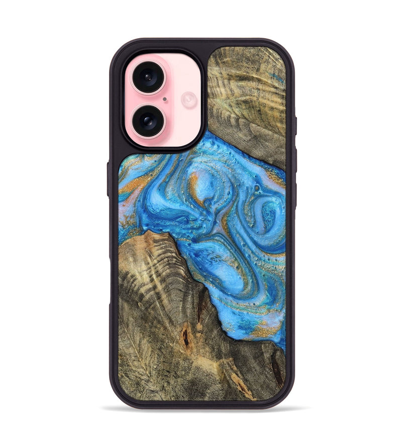 iPhone 16 Wood+Resin Phone Case - Robbie (Teal & Gold, 720076)