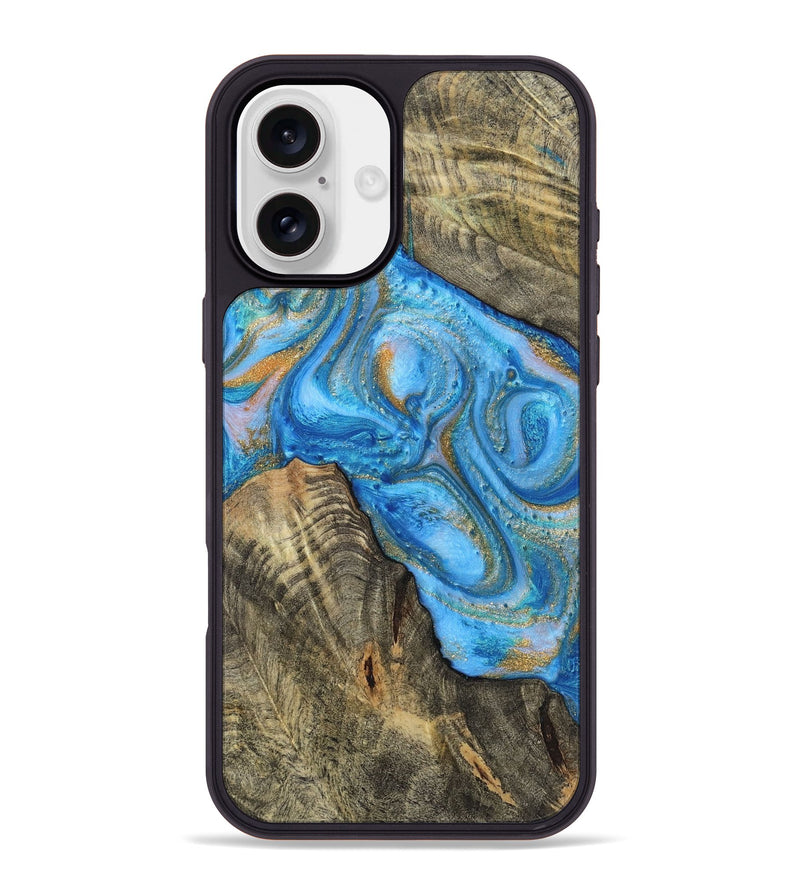 iPhone 16 Plus Wood+Resin Phone Case - Robbie (Teal & Gold, 720076)