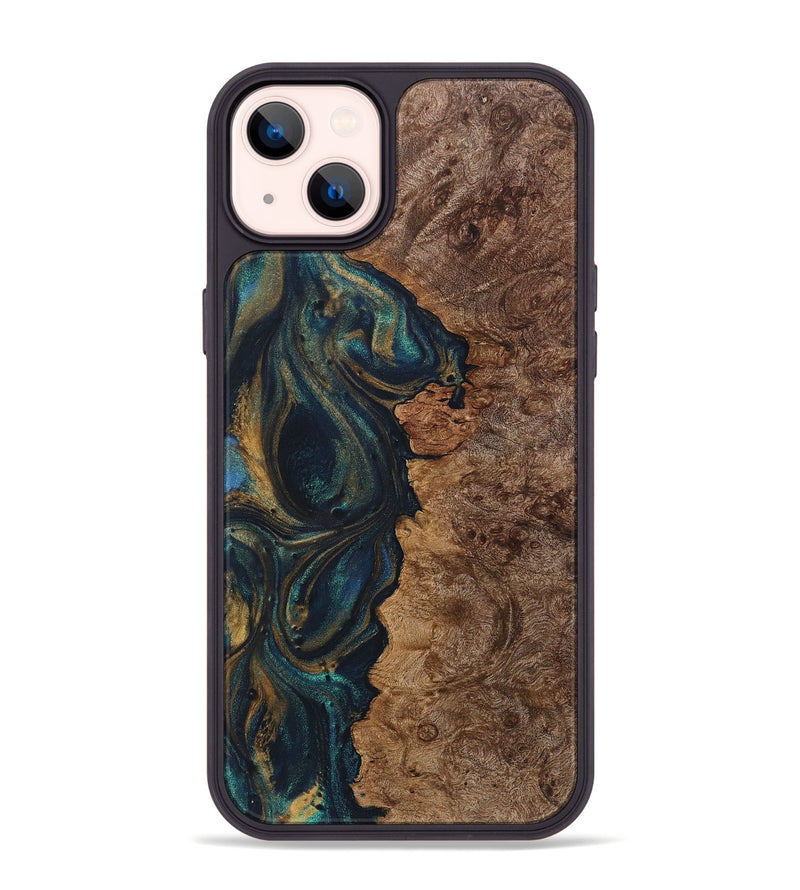 iPhone 14 Plus Wood+Resin Phone Case - Lakisha (Teal & Gold, 720078)