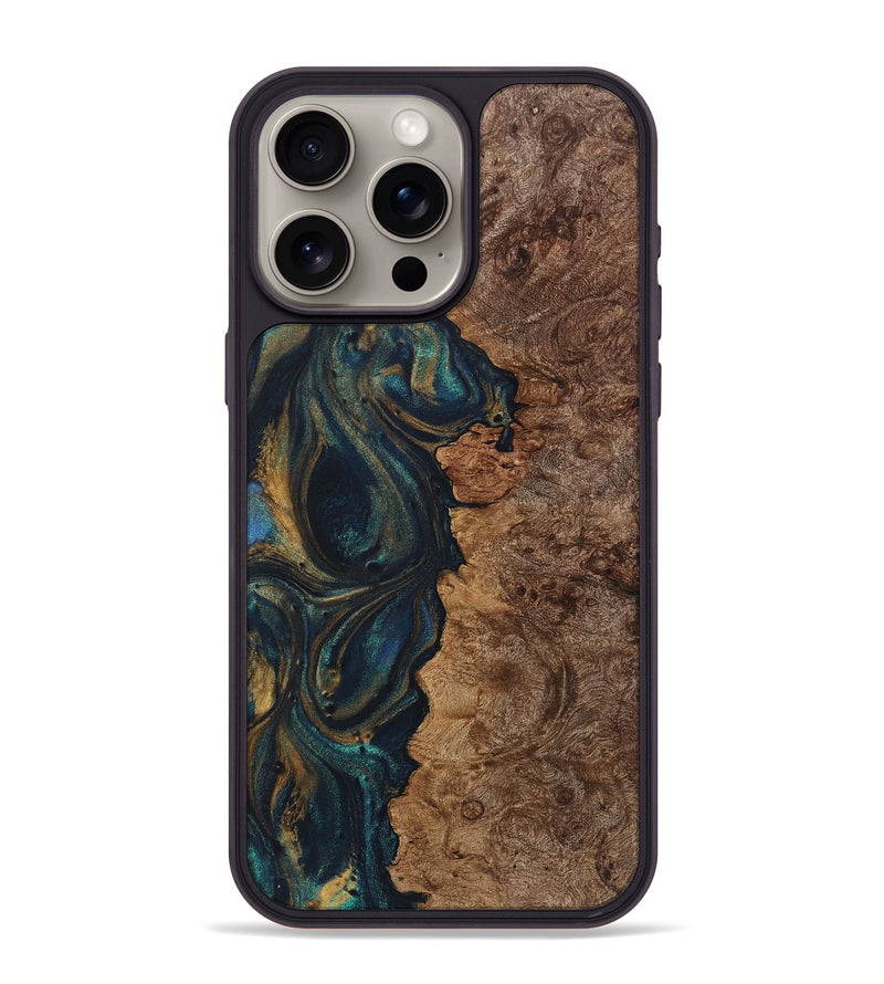 iPhone 15 Pro Max Wood+Resin Phone Case - Lakisha (Teal & Gold, 720078)