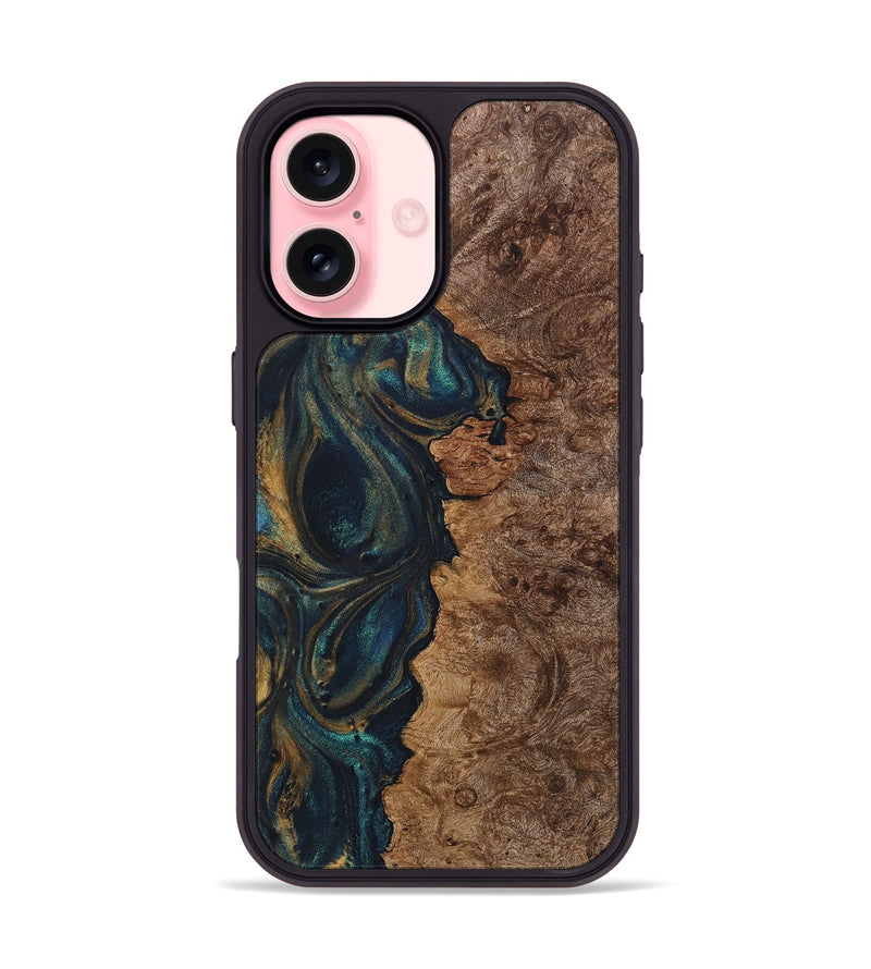 iPhone 16 Wood+Resin Phone Case - Lakisha (Teal & Gold, 720078)