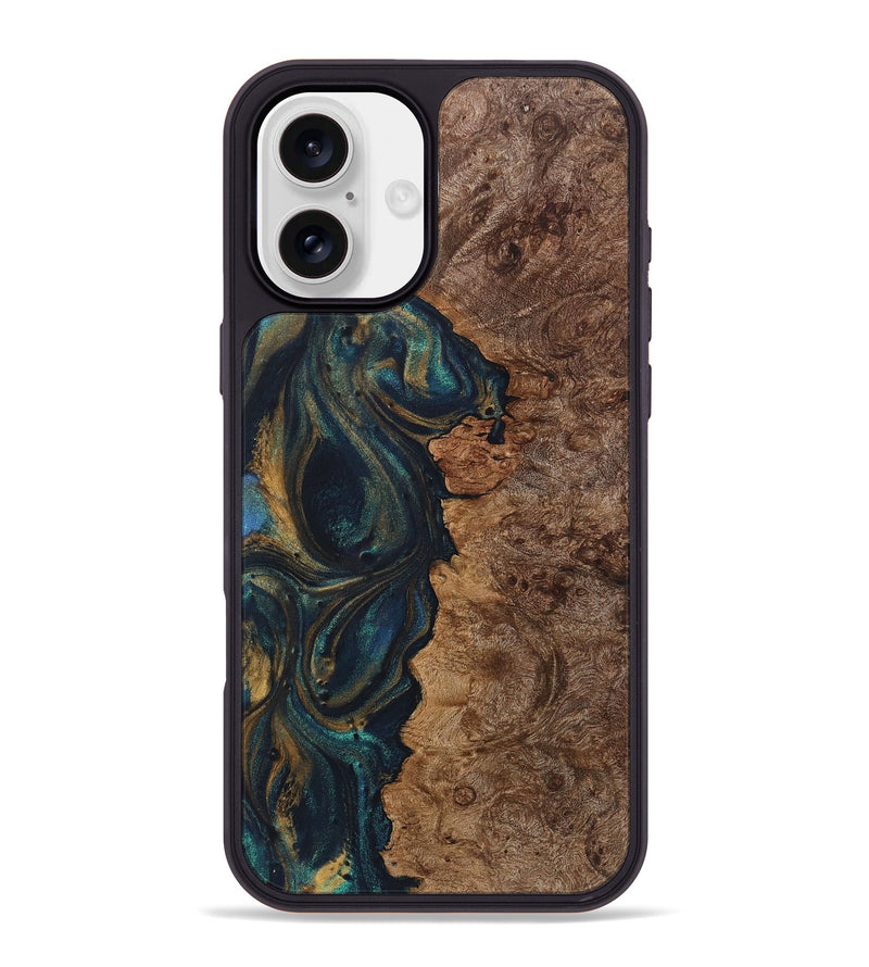 iPhone 16 Plus Wood+Resin Phone Case - Lakisha (Teal & Gold, 720078)