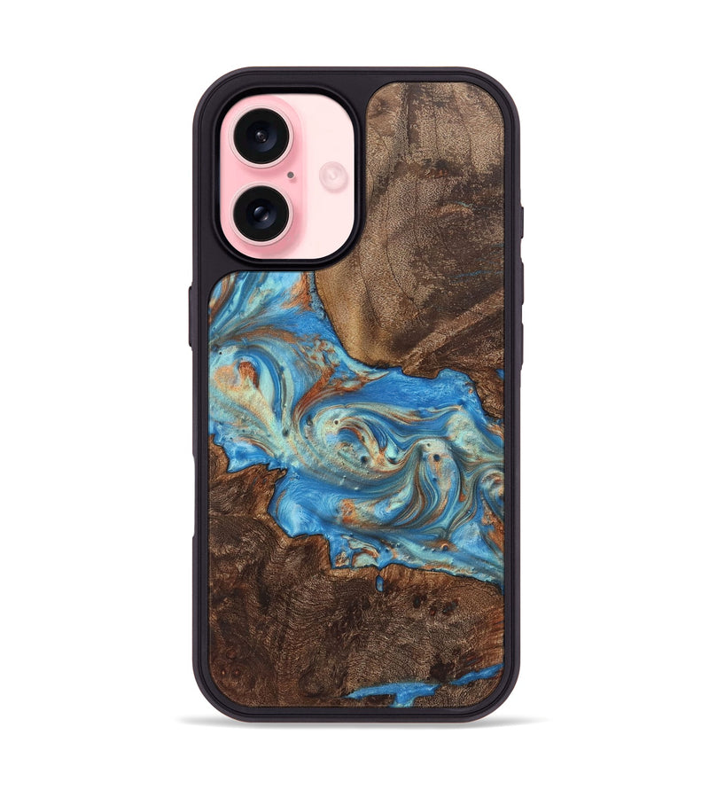 iPhone 16 Wood+Resin Phone Case - Keaton (Teal & Gold, 720080)