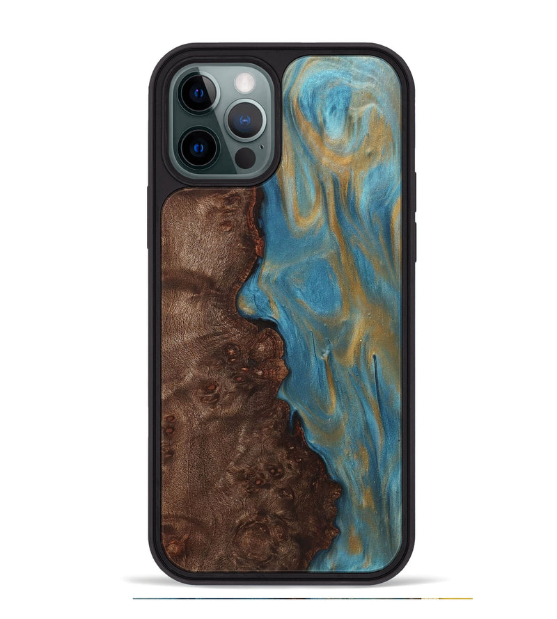 iPhone 12 Pro Max Wood+Resin Phone Case - Britney (Teal & Gold, 720084)